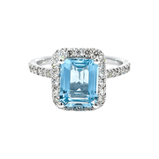 14K White Gold Emerald-Cut Aquamarine & Diamond Halo Ring