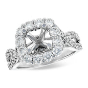 14K White Gold Cushion Diamond Halo & Crossover Band Semi-Mount Engagement Ring