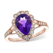 Vintage-Inspired Floral 14K Rose Gold Pear Shape Amethyst & Diamond Halo Ring