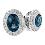 Vintage-Inspired 14K White Gold Oval London Blue Topaz & Diamond Halo Earrings