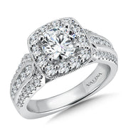 14K White Gold Cushion Shape Triple Diamond Band Halo Engagement Ring