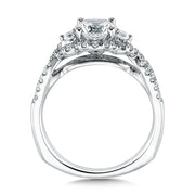 14K White Gold Three Stone Crossover Halo Diamond Engagement Ring