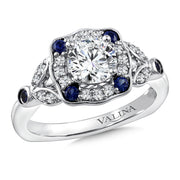 14K White Gold Diamond And Blue Sapphire Cushioned-Shaped Halo Engagement Ring