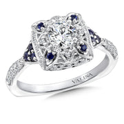 14K White Gold Vintage Square Floral Sapphire Accent Diamond Halo Engagement Ring