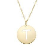 14K Yellow Gold Disc Initial T Necklace