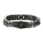 Black Oxidized Skull Wings ID Curb Chain Link Bracelet