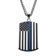 Thin Blue Line American Flag Police Officer Military Style Dog Tag Enamel Pendant with Chain Necklace