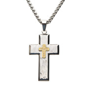 Gold Plated Cross with Clear CZs on Steel Hammered Cross Pendant with Wheat Chain Necklace