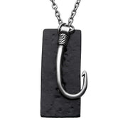 Stainless Steel Antiqued Finish Fish Hook & Black Plated Tag Pendant with chain Necklace