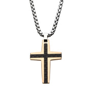 Black & Rose Gold Plated with Carbon Fiber Link Inlay Cross Pendant with Steel Chain Necklace