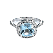 14K White Gold Aquamarine Diamond Cushion Halo Ring