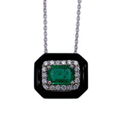 14K White Gold Emerald & Diamond Pendant Necklace