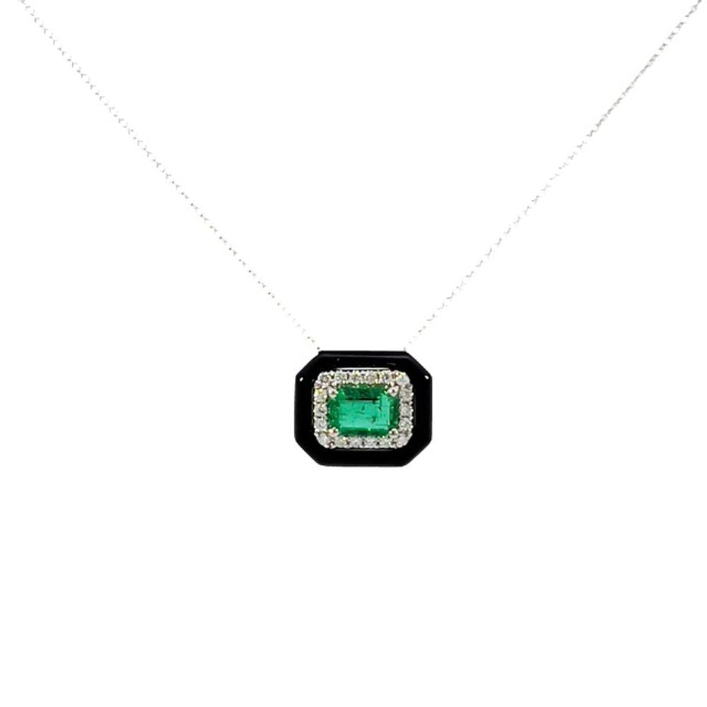 14K White Gold Emerald & Diamond Pendant Necklace