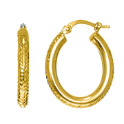 14K Yellow Gold Hinged Oval Diamond Cut Hoop Earrings