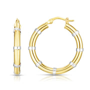 14K Two-Tone Gold Diamond Cut Station Hoop Earrings