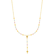 14K Tri-Color Gold Drop Cross Rosary Inspired Necklace