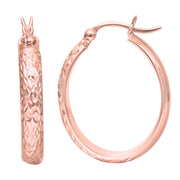14K Rose Gold Oval Diamond Cut Hoop Earrings