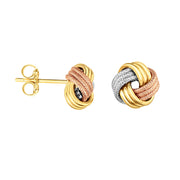 14K Tri-Color Gold Polished & Diamond Cut Love Knot Stud Earrings