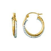 14K Two-Tone Gold Double Row Diamond Cut Hoop Earrings