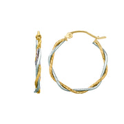 14K Two-Tone Gold Double Row Polished & Diamond Cut Twist Hoop Earrings