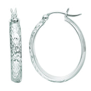 14K White Gold Oval Diamond Cut Hoop Earrings