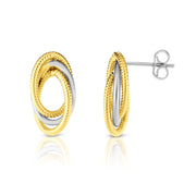 14K Two-Tone Gold Open Oval Ribbed Love Knot Stud Earrings