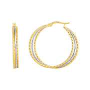 14K Two-Tone Gold Polished & Diamond Cut Triple Row Hoop Earrings