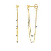 14K Two-Tone Gold Chain & Bead Station Front to Back Drop Earrings