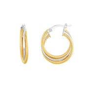 14K Two-Tone Gold Triple Row Polished & Twist Hoop Earrings