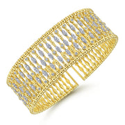 Wide 14K Yellow Gold Cage Cuff Diamond Station Bracelet