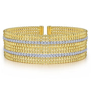 14K Two-Tone Gold Wide Bujukan Bead Diamond Channel Cuff Bracelet