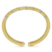 14K Two-Tone Gold Twisted Rope Cuff Diamond Station Bracelet