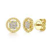 14K Yellow Gold Beaded Round Frame Diamond Cluster Stud Earrings