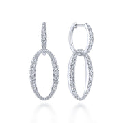 18K White Gold Oval Diamond Link Huggie Earrings
