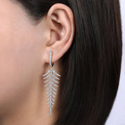 18K White Gold Diamond Fishbone Linear Huggie Earrings