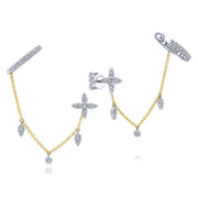 14K Two-Tone Gold Diamond Bar Quatrefoil Chain Drop Earrings