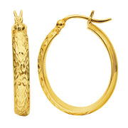 10K Yellow Gold Oval Diamond Cut Hoop Earring