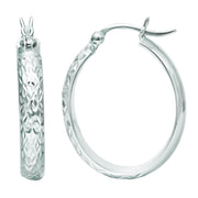 10K White Gold Oval Diamond Cut Hoop Earrings