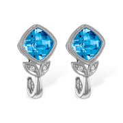 14K White Gold Blue Topaz & Diamond Leaf Earrings