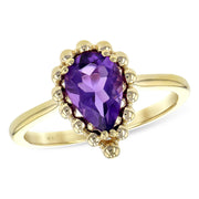 14K Yellow Gold Pear Shaped Amethyst & Gold Bead Ring