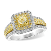 14K Two-Tone Gold Three Row White & Yellow Diamond Halo Ring