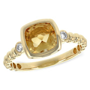 14K Yellow Gold Citrine, Diamond & Gold Bead Ring