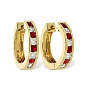 14K Yellow Gold Channel Set Ruby & Diamond Hoop Huggie Earrings