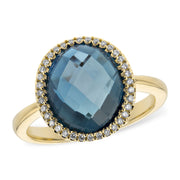14K Yellow Gold Diamond Cut London Blue Topaz & Diamond Halo Ring