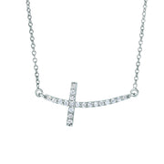 14K White Gold .22 Carat Diamond Side Cross Necklace