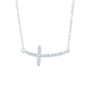 14K White Gold .12 Carat Diamond Side Cross Necklace