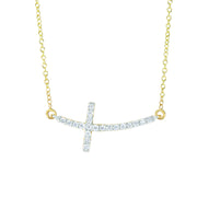 14K Yellow Gold .22 Carat Diamond Side Cross Necklace