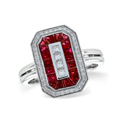 Art-Deco Inspired 14K White Gold Ruby & Diamond Ring