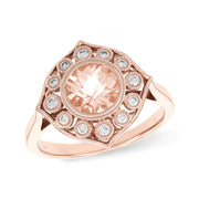 Vintage-Inspired 14K Rose Gold Morganite & Diamond Halo Ring