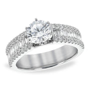 14K White Gold Triple Row Baguette & Round Diamond Semi-Mount Engagement Ring